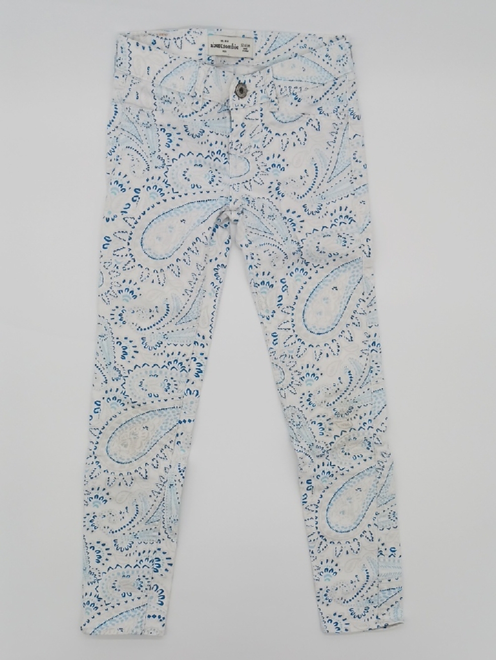 Abercrombie Kids White Skinny Jeans with Blue Paisley Pattern (Size 12 Slim)